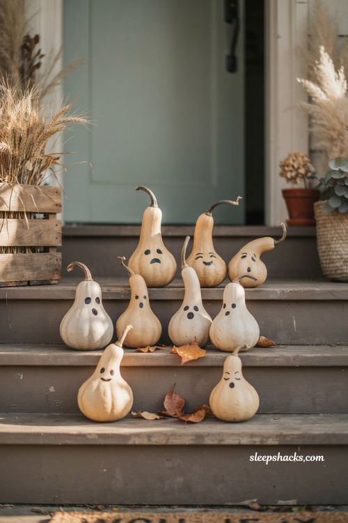 Easy Halloween painted gourd ghosts with simple faces on cozy autumn porch steps