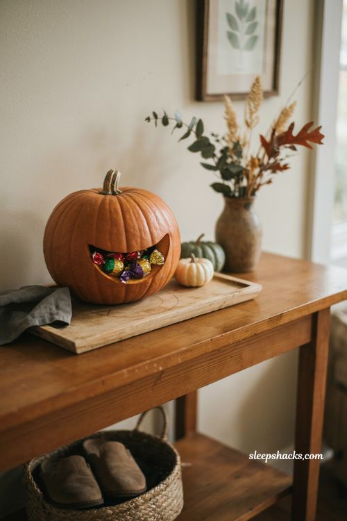 Easy Halloween pumpkin candy dispenser with colorful treats on a cozy autumn entryway table