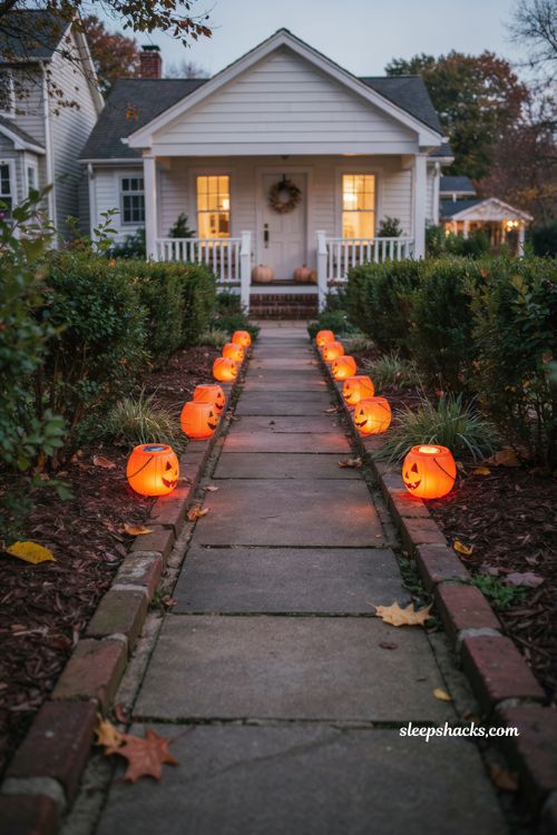 Easy Halloween pumpkin solar lanterns glowing along a cozy autumn front walkway