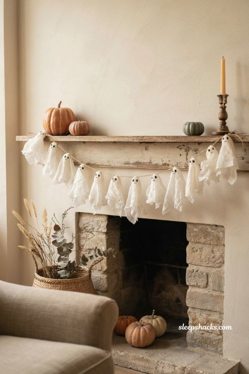 Easy Halloween tissue paper ghost garland with handmade ghosts on a cozy autumn mantel