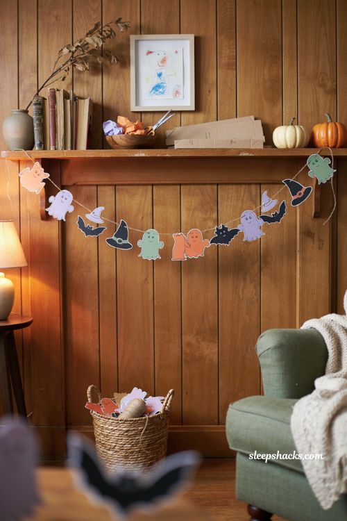 Easy cardstock Halloween garland DIY with handmade bats ghosts and witch hats