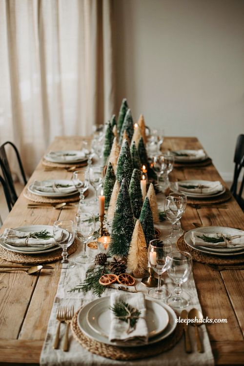 Easy christmas centerpieces for table with bottle brush tree lineup and rustic holiday decor
