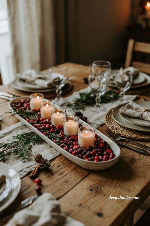 Easy christmas centerpieces for table with cranberries and votive candles in a white serving dish