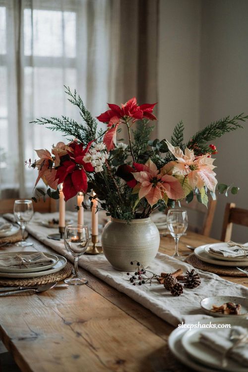 Easy christmas centerpieces for table with fresh cut poinsettias and holiday greenery