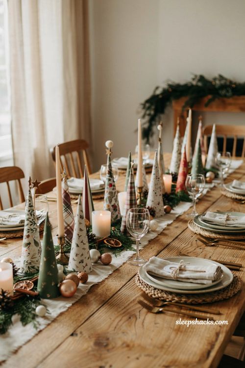 Easy christmas centerpieces for table with handmade mini paper cone trees and holiday decor