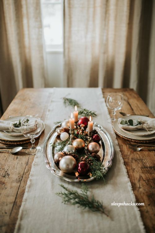 Easy christmas centerpieces for table with silver tray ornaments and evergreen holiday decor