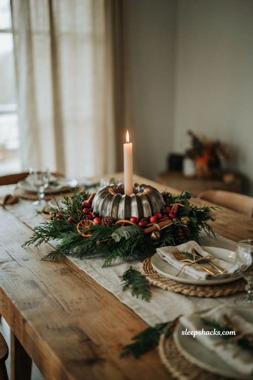 Easy christmas centerpieces for table with upcycled bundt pan candle ring and holiday greenery