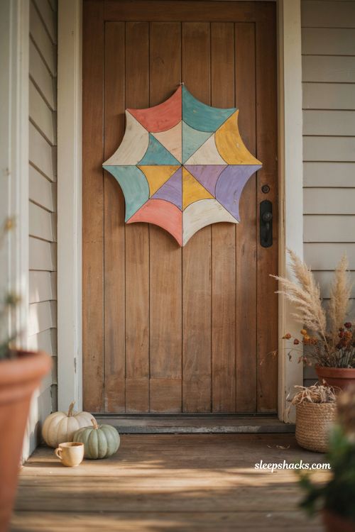Easy colorful Halloween spiderweb decor with bright painted wood on a cozy front door