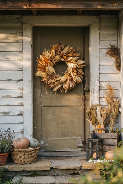 Easy diy fall wreaths with corn husk wreath and rustic harvest front door decor