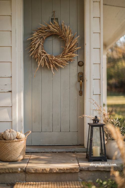 Easy diy fall wreaths with layered wheat wreath and neutral autumn door decor