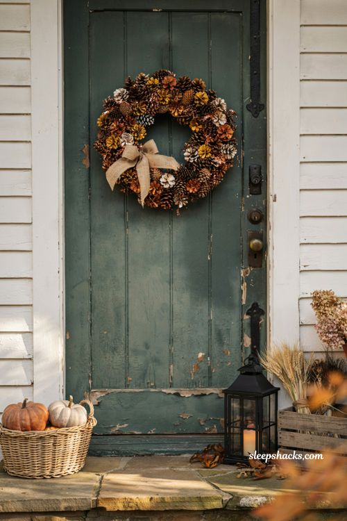Easy diy fall wreaths with painted pine cone wreath and rustic autumn door decor
