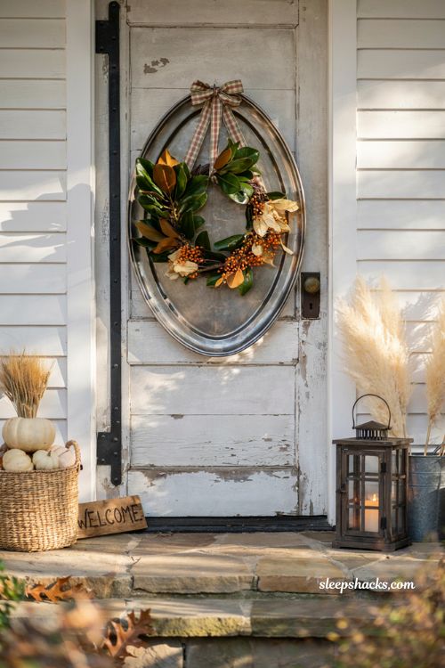 Easy diy fall wreaths with silver tray magnolia leaves and autumn door decor