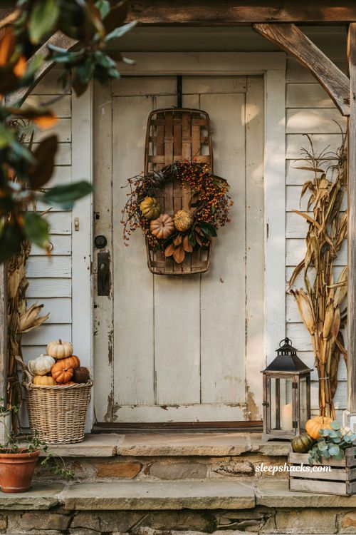 Easy diy fall wreaths with tobacco basket display and farmhouse autumn door decor