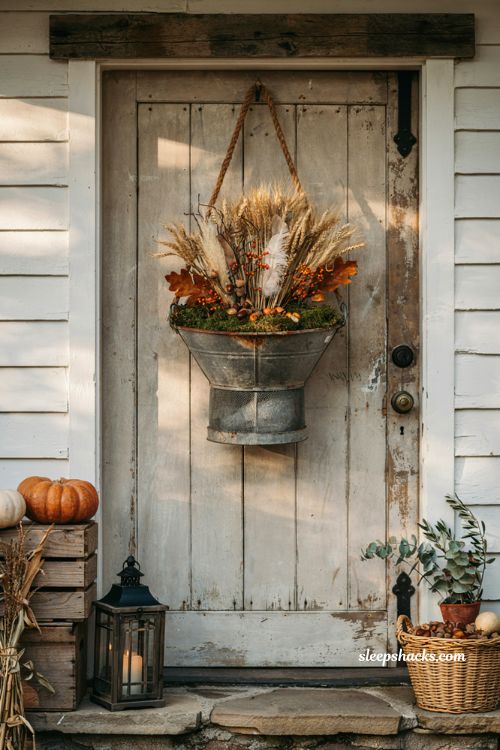 Easy diy fall wreaths with vintage grain sifter and rustic farmhouse door decor