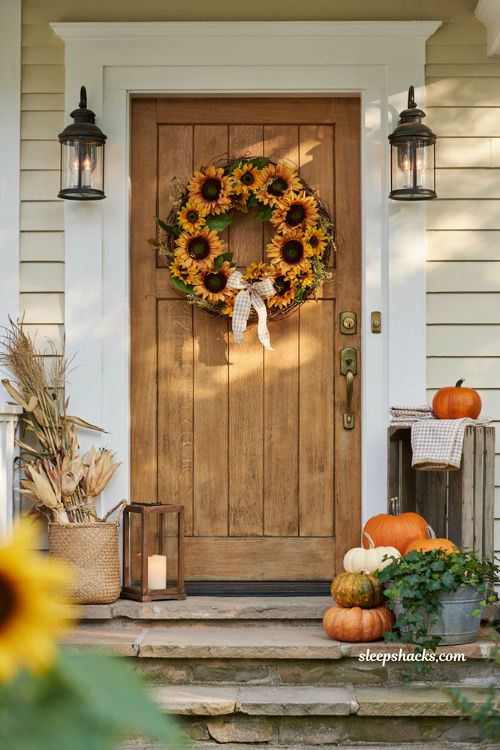Easy fall wreaths with cheerful sunflower wreath and gingham ribbon