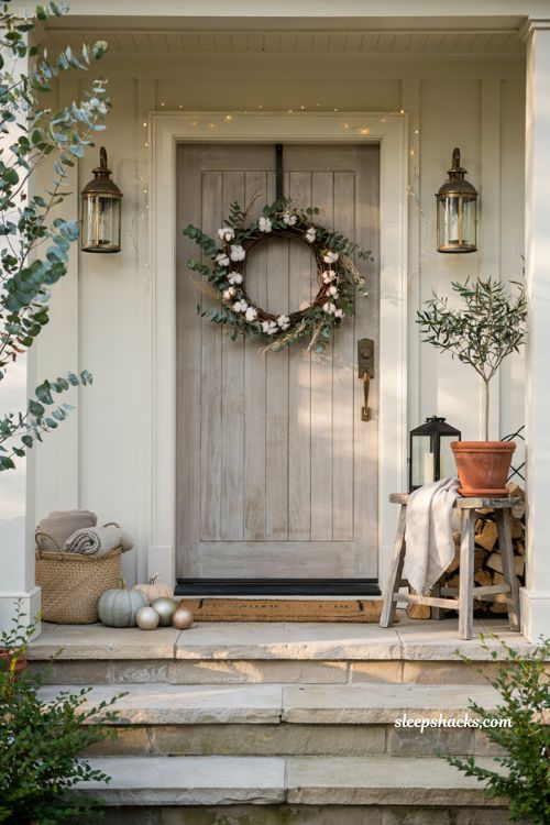 Easy fall wreaths with eucalyptus and cotton front door wreath