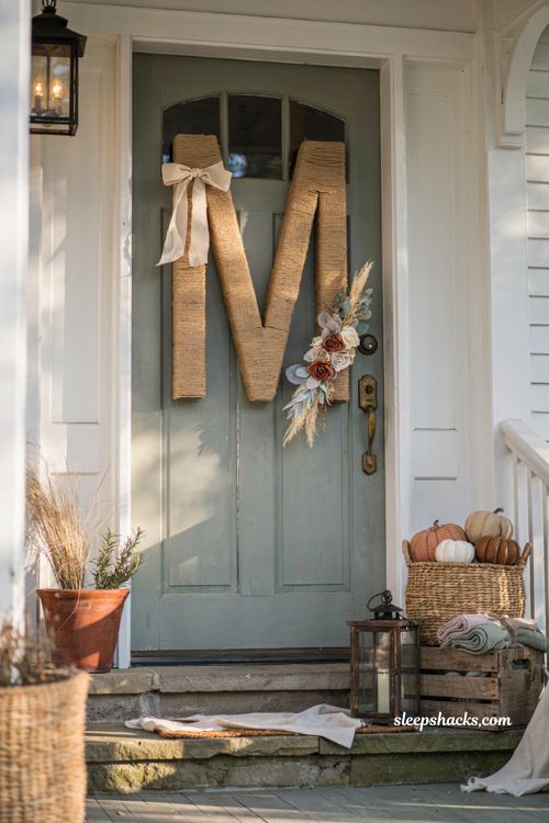 Easy fall wreaths with personalized jute monogram front door decor