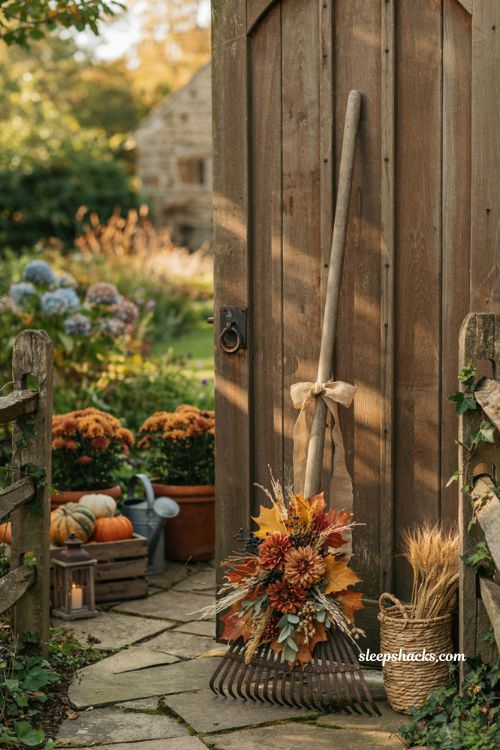 Easy fall wreaths with upcycled vintage garden rake front door decor