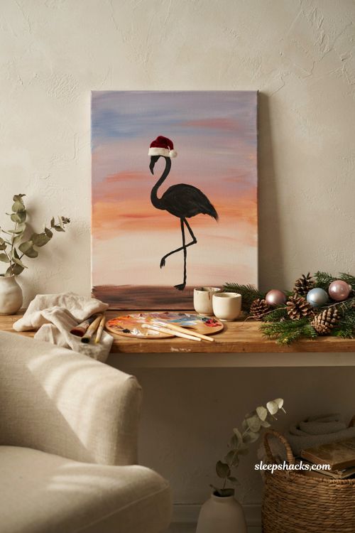 Easy festive flamingo sunset Christmas painting on canvas with Santa hat