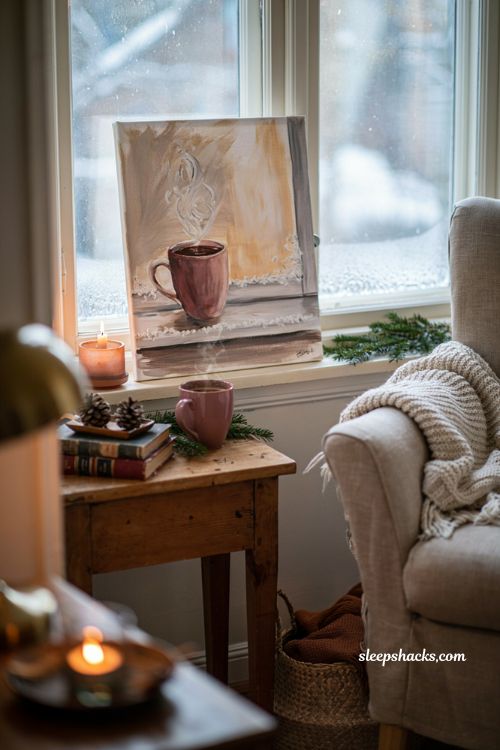 Easy hot cocoa mug Christmas painting on canvas with frosted window