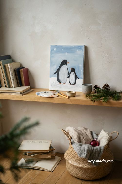 Easy mommy and me penguin Christmas painting on canvas for a winter keepsake