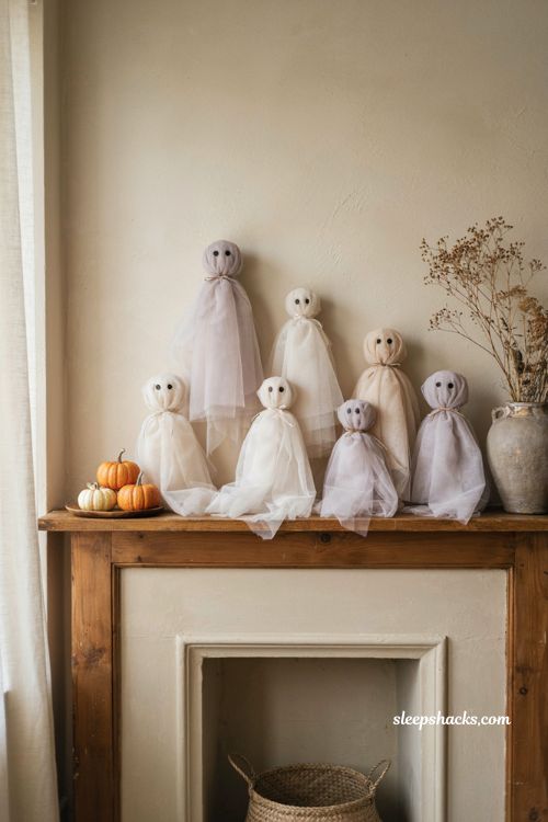 Easy no sew tulle ghosts with simple faces and soft handmade Halloween mantel decor