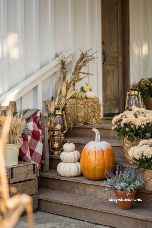 Easy painted pumpkin ideas with a candy corn pumpkin for playful fall porch decor