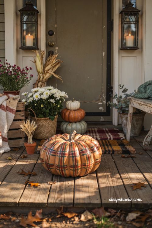 Easy painted pumpkin ideas with a classic plaid pumpkin for cozy fall porch decor