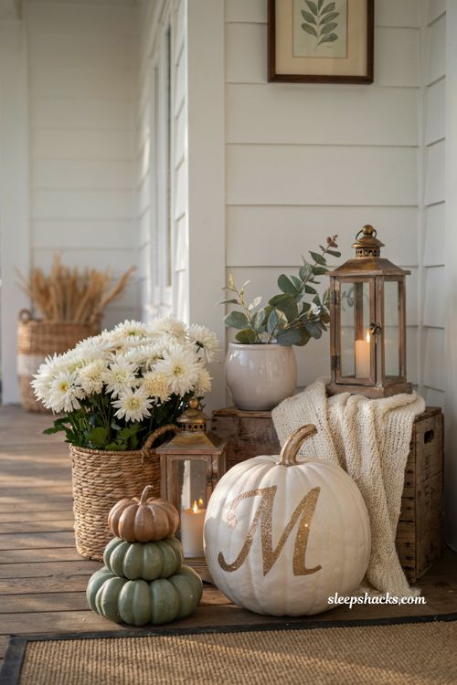 Easy painted pumpkin ideas with a monogram glitter pumpkin for elegant fall porch decor