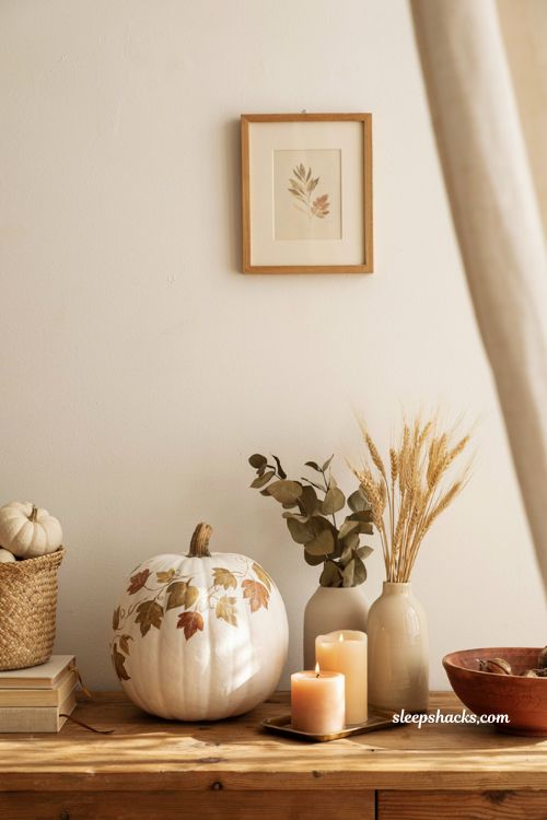 Easy painted pumpkin ideas with a white pumpkin and simple autumn botanical design
