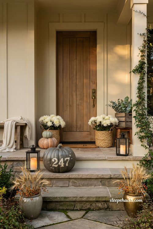 Easy painted pumpkin ideas with decorative address number pumpkins for fall front porch decor