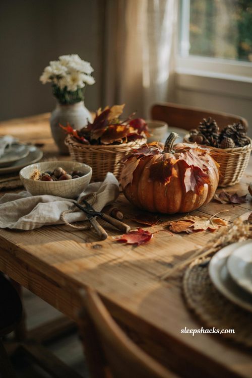 Easy painted pumpkin ideas with real fall leaves for a cozy no carve pumpkin
