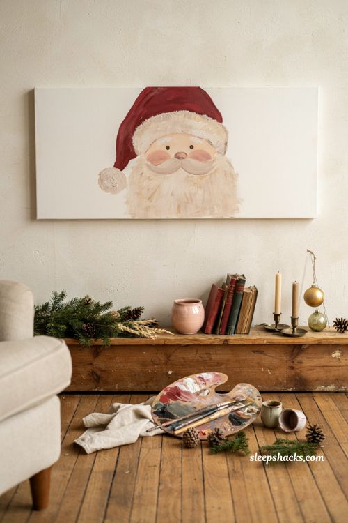 Easy whimsical Santa face painting on long canvas for Christmas mantel decor