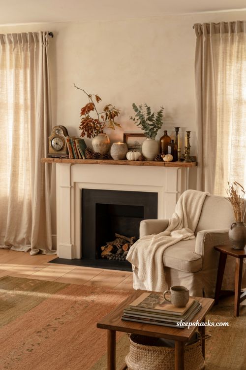 Eclectic fall mantel with vintage decor books and seasonal foliage
