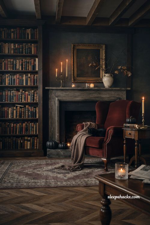 Elegant Halloween decor with Gothic books candelabras and vintage living room