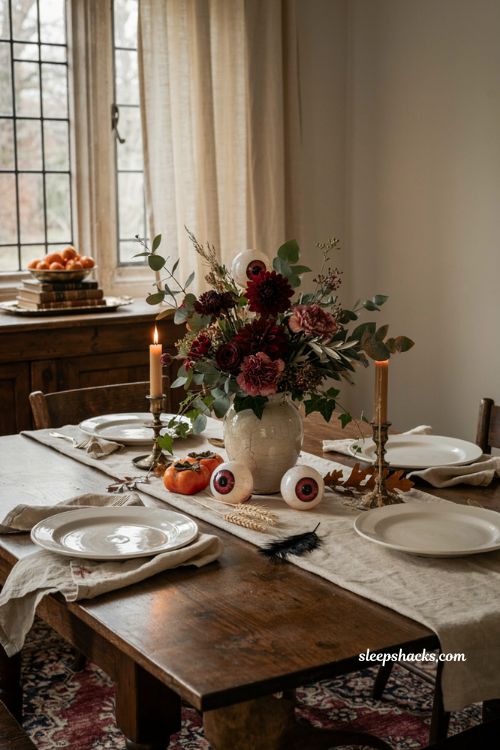 Elegant burgundy floral bouquet with hidden eyeballs for an unexpected Halloween centerpiece