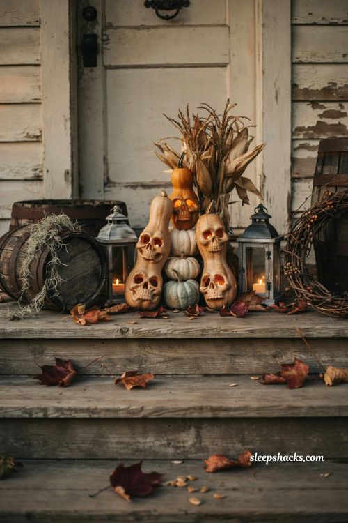 Elongated gourd skull pumpkin carving ideas for a rustic haunted Halloween front porch