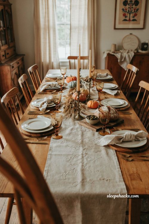 Embroidered linen Thanksgiving table runner with cozy heirloom table setting