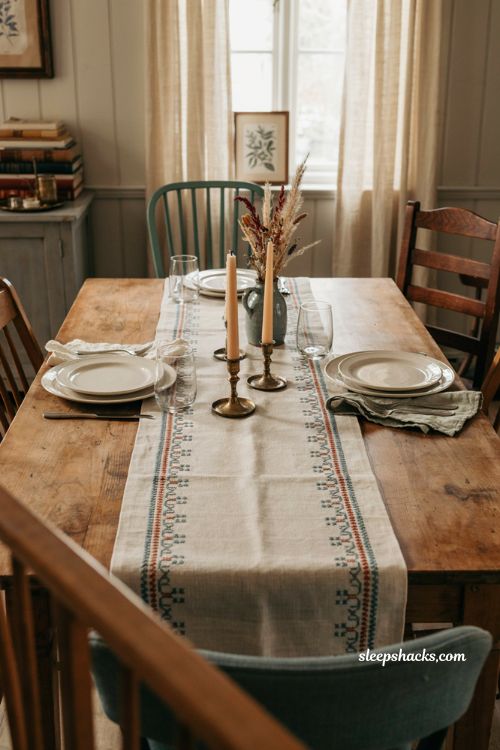 Embroidered vintage linen fall table decor with cozy farmhouse charm 