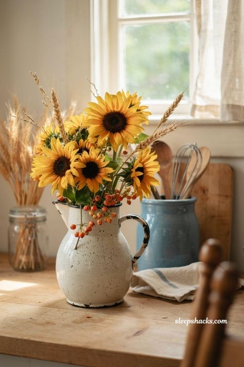 Enamelware pitcher with sunflowers wheat and bittersweet vine for vintage fall decor