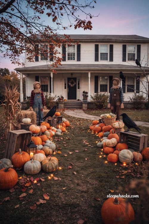 Enchanted pumpkin patch exterior Halloween decorations with glowing pumpkins, scarecrows, and crows