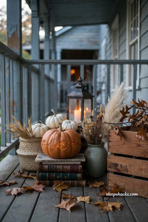 Etched thorny vine pumpkin carving idea with elegant farmhouse Halloween porch decor