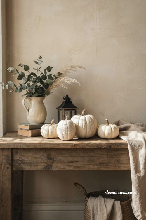Etched white pumpkins with botanical designs for farmhouse Halloween decor 