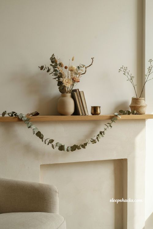 Eucalyptus and dried floral fall garland for modern mantel decor