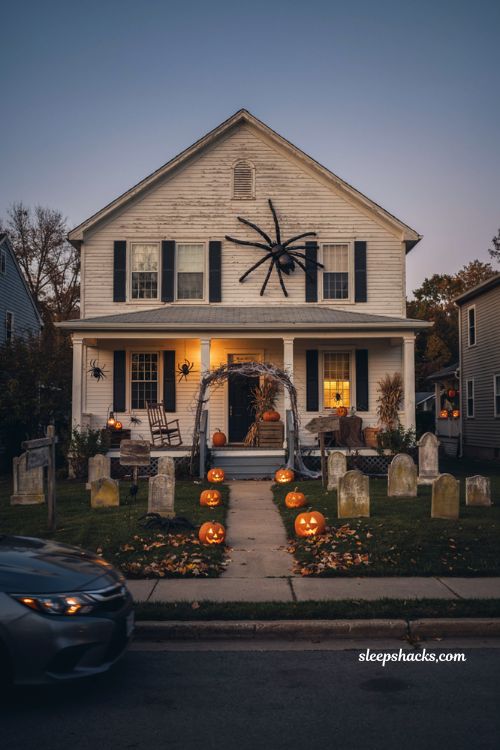 Exterior Halloween decorations with oversized spiders, graveyard props, glowing pumpkins, and haunted house style 