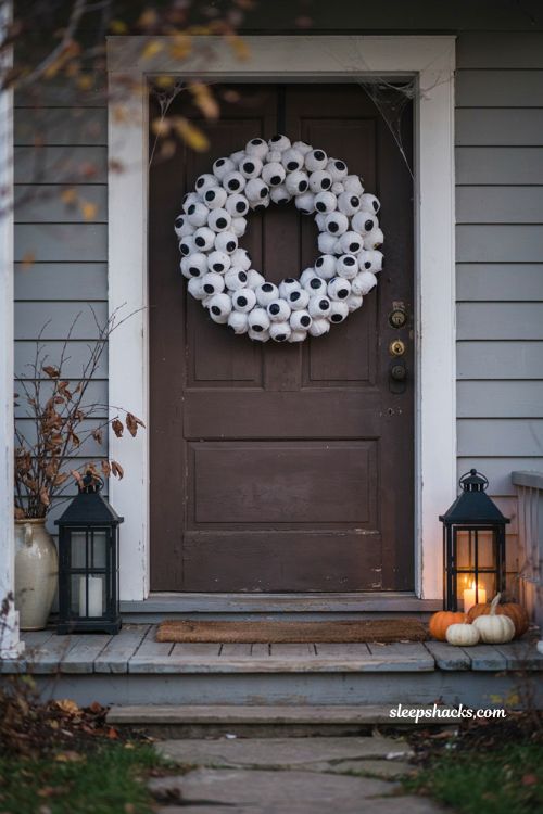 Eyeball wreath Halloween front door decor with creepy googly eyes