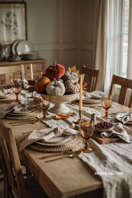 Fabric pumpkin centerpiece in a footed bowl for a cozy Thanksgiving table