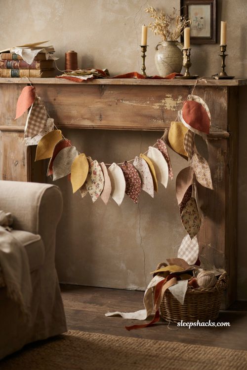 Fabric scrap leaf fall garland with cozy farmhouse textures