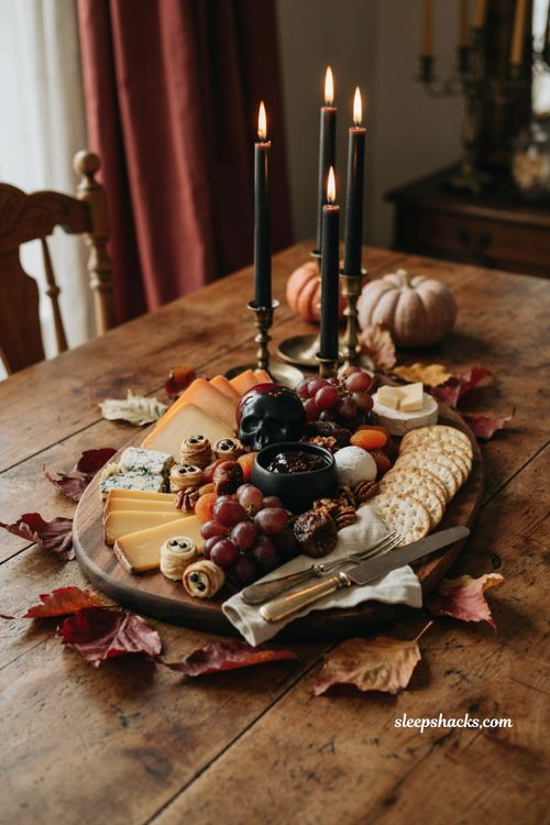 Fall Halloween charcuterie board with dark grapes candy apples cheeses and skull bowl
