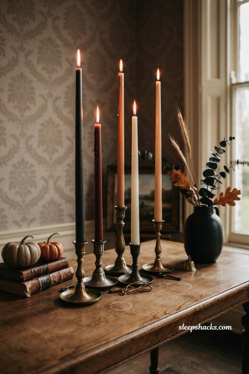 Fall Halloween decor with dripping black taper candles and gothic mantel styling
